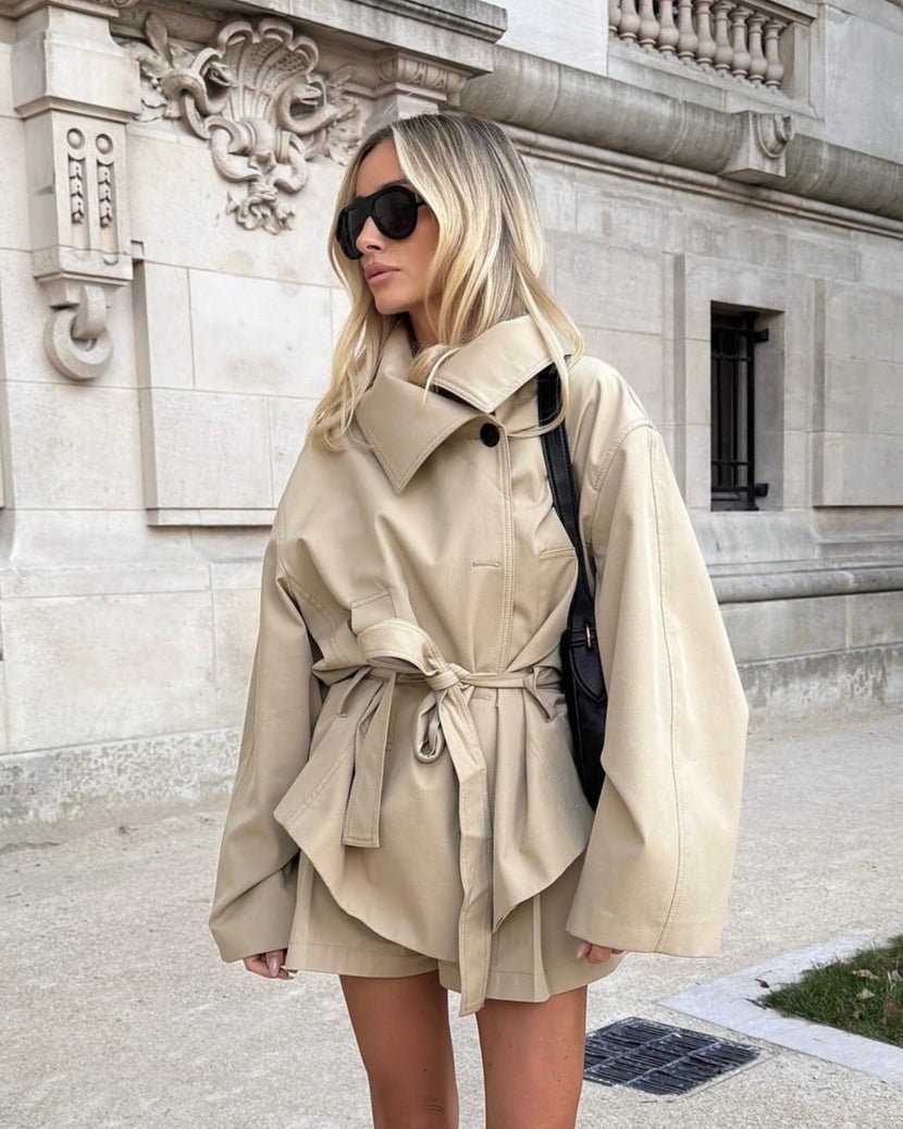 Women's Oversized Belted Short Beige Trench Coat